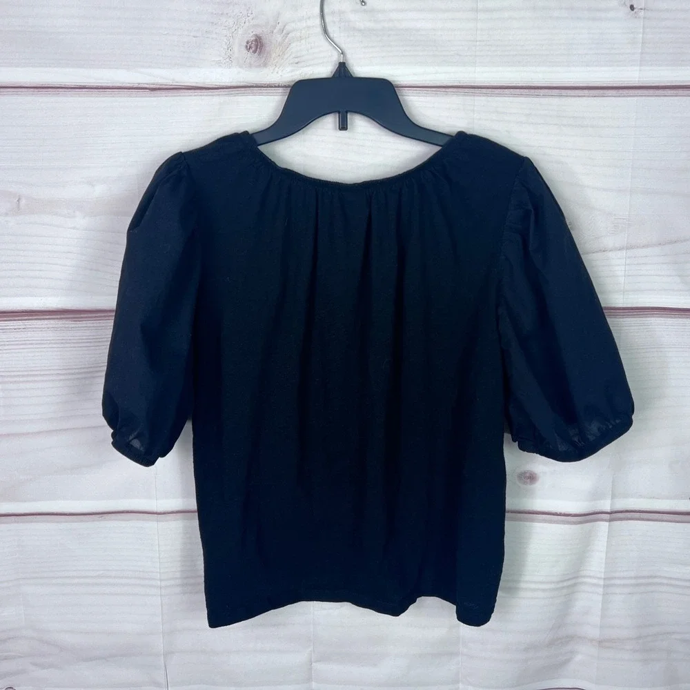 Old Navy Top Women L Black Puff Sleeve Blouse Keyhole Neck Cotton Solid Pullover